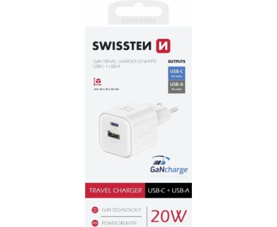 Swissten Tīkla Lādētājs GaN USB-C 20W PD / USB-A 18W QC
