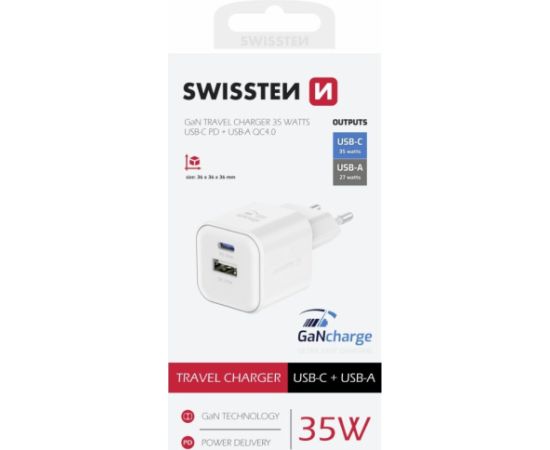 Swissten Tīkla Lādētājs GaN USB-C 35W PD / USB-A 27W QC