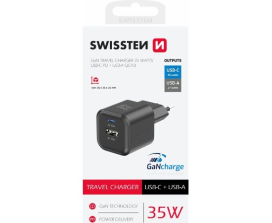 Swissten Tīkla Lādētājs GaN USB-C 35W PD / USB-A 27W QC