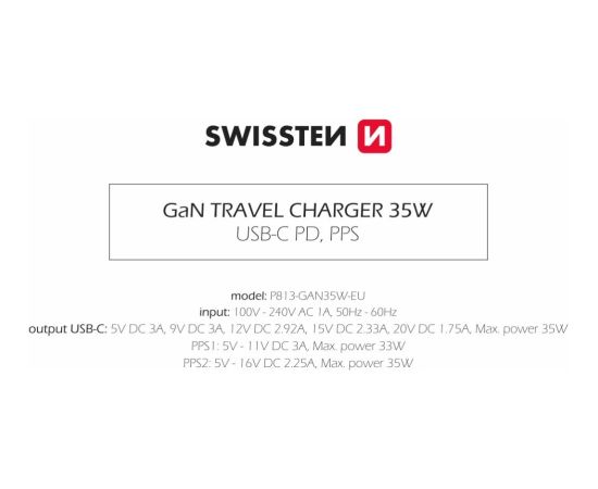 Swissten Tīkla Lādētājs GaN USB-C 35W PD