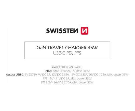 Swissten Tīkla Lādētājs GaN USB-C 35W PD