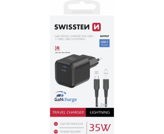 Swissten Tīkla Lādētājs GaN USB-C 35W PD + Datu kabelis USB-C - Lightning 1.2m