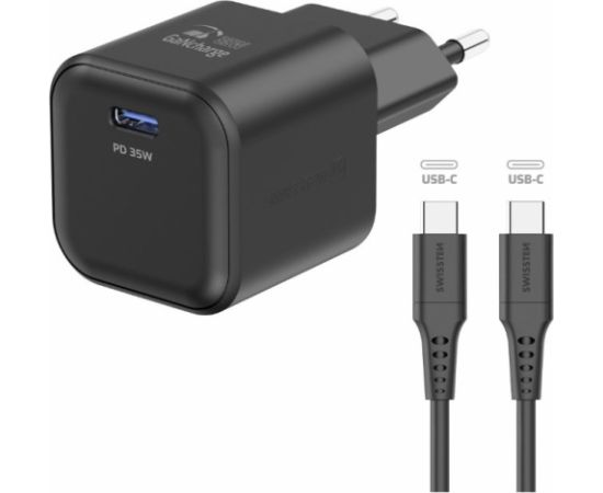 Swissten Tīkla Lādētājs GaN USB-C 35W PD + Datu kabelis USB-C - USB-C 1.2m