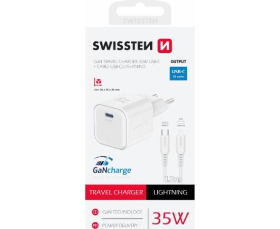 Swissten 3арядное устройство GaN USB-C 35W PD + Kабель для передачи данных USB-C - Lightning 1.2m