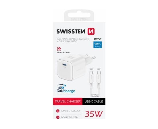 Swissten 3арядное устройство GaN USB-C 35W PD + Kабель для передачи данных USB-C - USB-C 1.2m