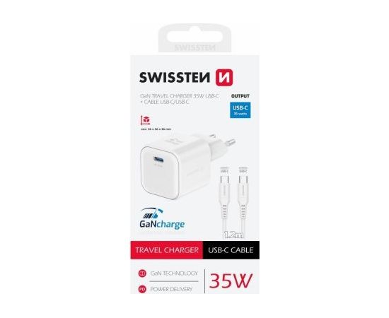 Swissten Tīkla Lādētājs GaN USB-C 35W PD + Datu kabelis USB-C - USB-C 1.2m