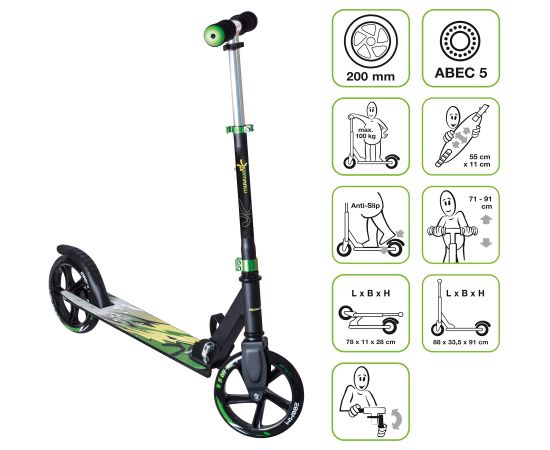 Muuwmi Aluminium Scooter skrejritenis 200 mm, melns/zaļš - AU 573