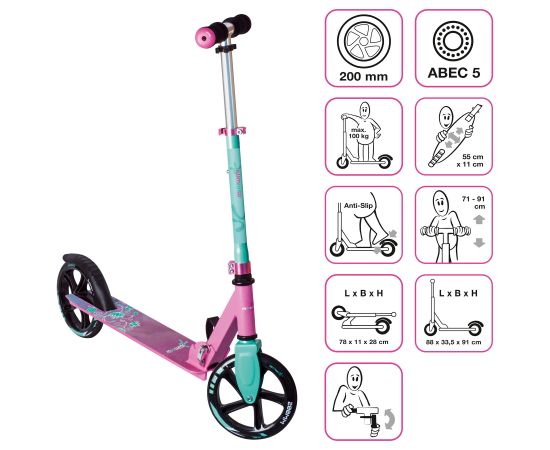 Muuwmi Aluminium Scooter skrejritenis 200 mm, rozā/ tirkīza zils - AU 574