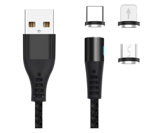 Maxlife MXUC-02 magnetic cable USB - Lightning + USB-C + microUSB 1,0 m 2A black nylon