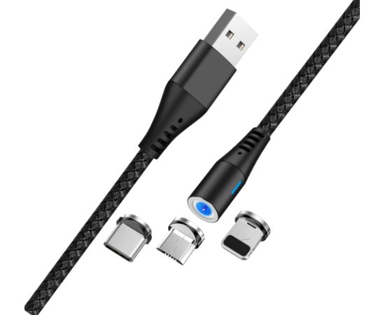 Maxlife MXUC-02 magnetic cable USB - Lightning + USB-C + microUSB 1,0 m 2A black nylon