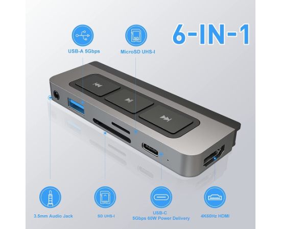 Hyper 6-in-1 USB-C Media Dock, docking station (dark grey) Dokstacijas portatīvajiem datoriem