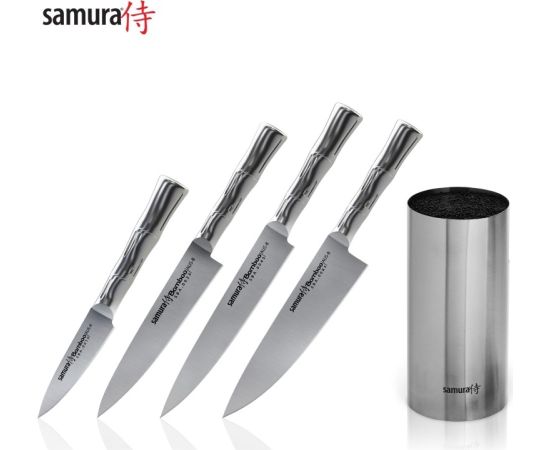 Samura BAMBOO Комплект 4-ех ножей + Металлическая подставка для ножей из AUS 8 Японской стали 59 HRC
