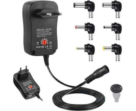 CP UCH1 Universal 12/30W (Maks. 2,1A) Barošanas adapteris + USB 3-12V manuāls slēdzis un 6 spraudņi melns (OEM)