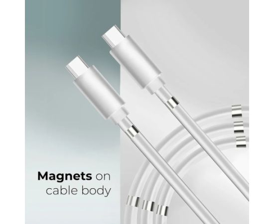 CP USB-C uz USB-C PD 60W 3A Super Ātras Uzlādes 1m iPhone 15 Kabelis ar iebūvētu magnētisku kabeļa organizātoru Balta
