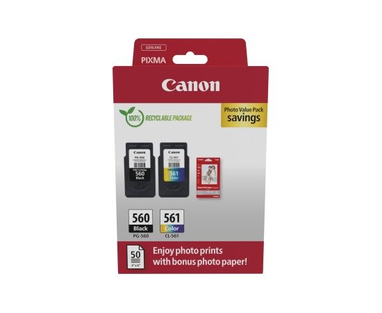Canon CRG PG-560/CL-561 + Photo Paper Value Pack (3713C008) Ink Cartridge Multipack, BK/CMY