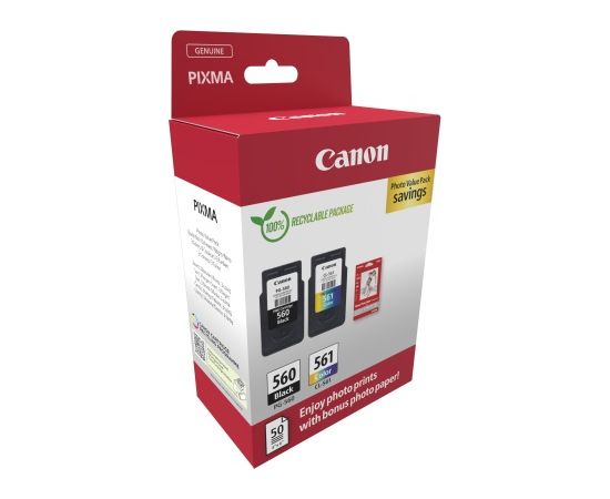 Canon CRG PG-560/CL-561 + Photo Paper Value Pack (3713C008) Ink Cartridge Multipack, BK/CMY