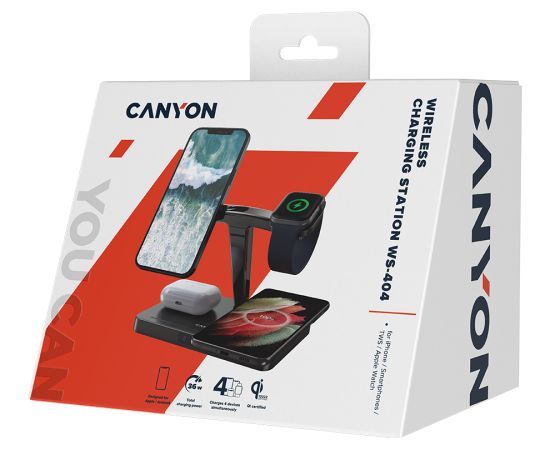 CANYON WS-404, 4in1 Wireless charger, with input 12V3A DC Eu adapter, Output 15W/10W/7.5W/5W, 161*105*138mm, 0.510Kg, Black