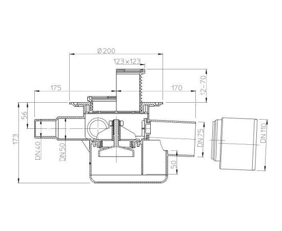 Hl Hutterer & Lechner Gmbh Traps DN75/110 horizontāls ar pretvārstu un 3 pievadiem DN40/50