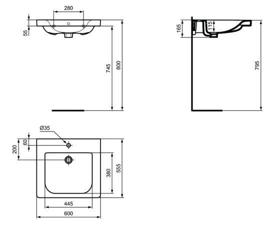 Ideal Standard Connect Freedom izlietne, 600 x 555 x 165mm(h), paredzēta cilvēkiem ar īpašām vajadzībām