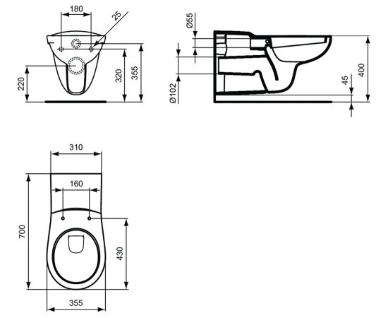 Ideal Standard CONTOUR 21 piekaramais klozetpods, cilvēkiem ar kustību traucējumiem