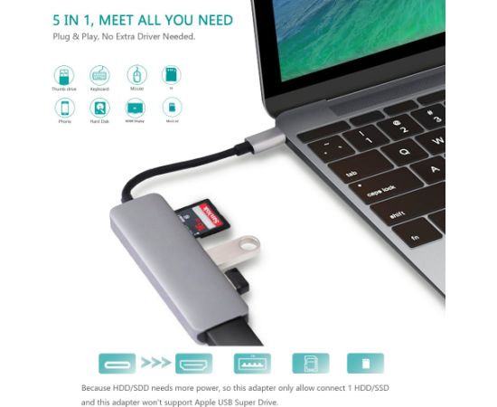 RoGer USB-C Hub 5in1 ar USB 3.0 x2 / HDMI / SD karšu lasītāju / TF karšu lasītāju