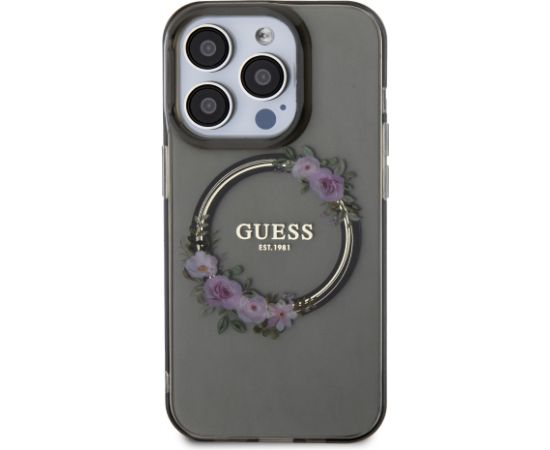 Guess PC|TPU Flowers Ring Glossy Logo MagSafe Case for iPhone 14 Pro Black