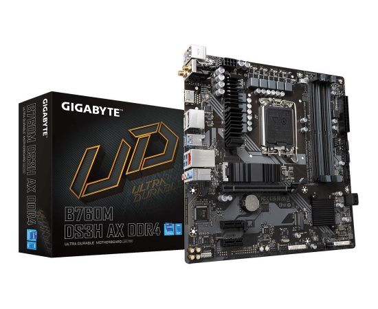 Mainboard GIGABYTE Intel B760 Express LGA1700 Micro-ATX Memory DDR4 Memory slots 4 2xPCI-Express 3.0 1x 1xPCI-Express 4.0 16x 2xM.2 1xHDMI 2xDisplayPort 2xAudio-In 1xAudio-Out 2xUSB 2.0 3xUSB 3.2 1xUSB-C 1xPS/2 1xRJ45 2xRF-Out B760MDS3HAXDDR41.2