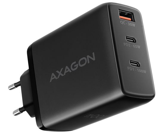 AXAGON ACU-DPQ100 GaN Wall charger, 3x port (USB + dual USB-C), PD3.0/QC4+/PPS/Apple, 100W, black
