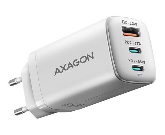 AXAGON ACU-DPQ65W GaN Wall charger, 3x port (USB + dual USB-C), PD3.0/QC4+/PPS/Apple, 65W, white