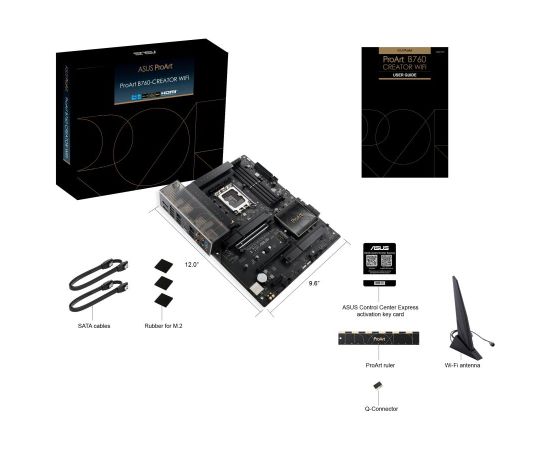 Mainboard ASUS Intel B760 Express LGA1700 ATX Memory DDR5 Memory slots 4 1xPCI-Express 3.0 1x 1xPCI-Express 4.0 16x 1xPCI-Express 5.0 16x 3xM.2 1xHDMI 1xDisplayPort 4xUSB 2.0 5xUSB 3.2 1xUSB-C 1xOptical S/PDIF 2xRJ45 5xAudio port PROARTB760-CREATORWIFI