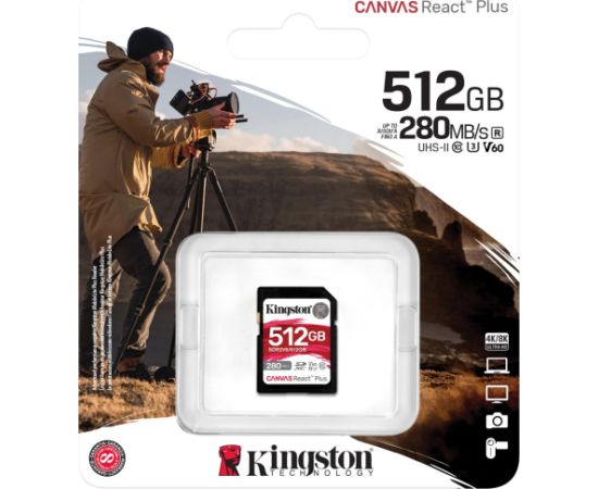 Kingston Canvas React Plus 512 GB SDXC Memory Card (UHS-II U3, Class 10, V60, A1)