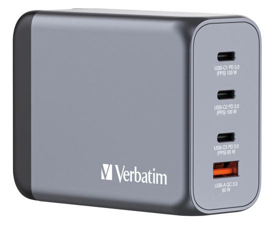 Verbatim GaN charger 200W, 1x USB-A, 3x USB-C (grey, PD 3.0, QC 3.0)