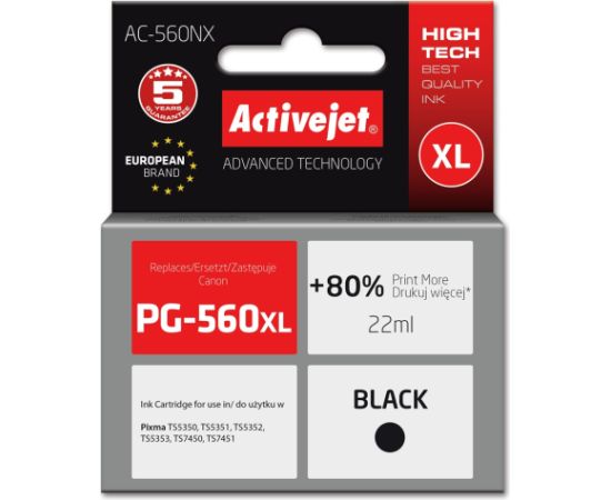 Activejet AC-560NX Printer Ink for Brother, Replacement Canon PG-560XL; Supreme; 22 ml; black