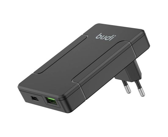 Budi universal wall charger, USB + USB-C, PD 65W + EU/UK/US/AU adapters (black)
