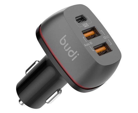 Car charger Budi, 2x USB + USB-C, QC + PD (black)