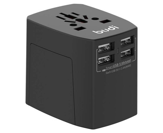 Universal Wall Charger / AC Adapter Budi 4x USB, 5A, EU/UK/AUS/US/JP (black)