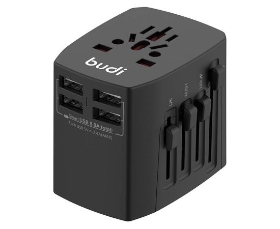Universal Wall Charger / AC Adapter Budi 4x USB, 5A, EU/UK/AUS/US/JP (black)