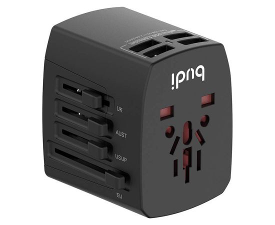 Universal Wall Charger / AC Adapter Budi 4x USB, 5A, EU/UK/AUS/US/JP (black)