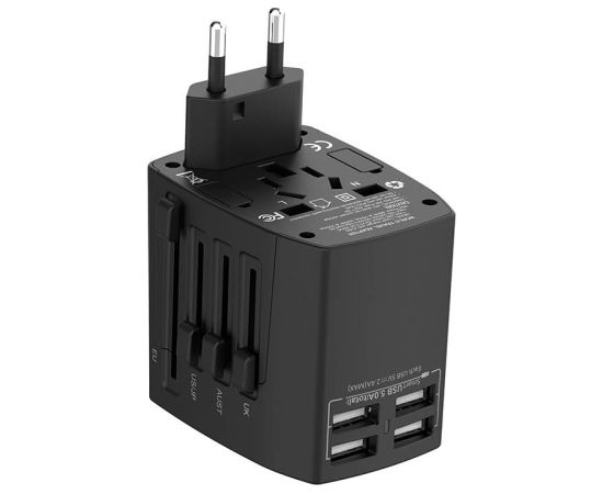 Universal Wall Charger / AC Adapter Budi 4x USB, 5A, EU/UK/AUS/US/JP (black)