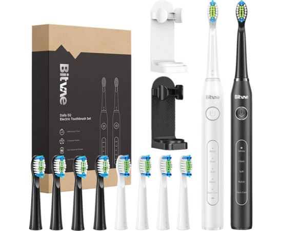 Sonic toothbrushes with tips set and 2 holders Bitvae D2+D2 (white and black)