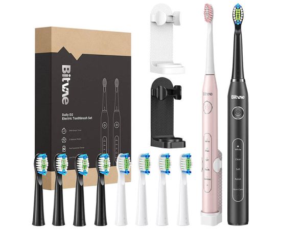 Sonic toothbrushes with tips set and 2 toothbrush holders Bitvae D2+D2 (pink and black)