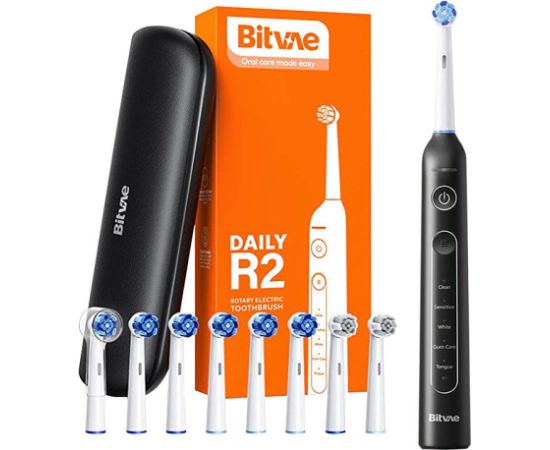 Rotary toothbrush with tips set and travel case Bitvae R2 (black) Elektriskās zobu birstes, irigatori