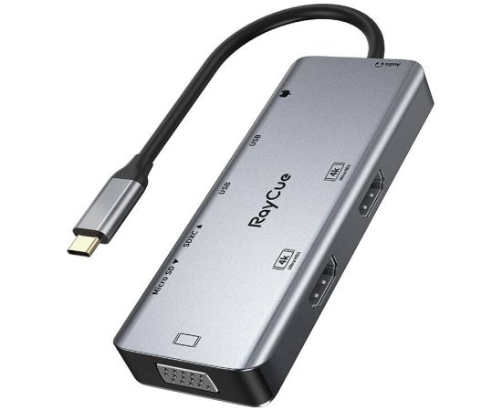 Hub 9in1 RayCue USB-C to 2x USB-A 3.0 5Gbps + 2x SD/TF 3.0 + 2x HDMI 4K30Hz + VGA 1080p + jack 3.5mm + PD 3.0 100W (gray)