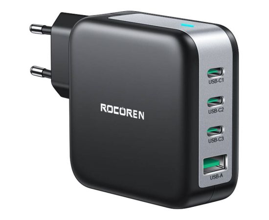 Wall charger GaN Rocoren 3x USB-C, 1x USB, Power Delivery 3.0, 100W (black) Зарядные устройства