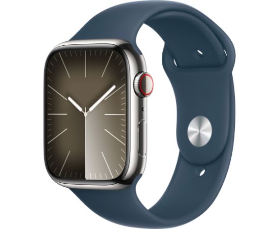 Apple Watch Series 9, Smartwatch (silver/blue, stainless steel, 45 mm, sports strap, cellular)