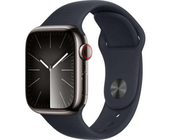Apple Watch Series 9, Smartwatch (graphite/dark blue, stainless steel, 41 mm, sports strap, cellular)