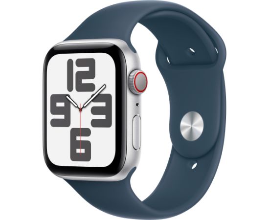 Apple Watch SE (2023), Smartwatch (silver/blue, 44 mm, sports strap, aluminum, cellular)