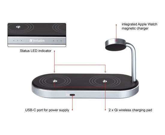 Verbatim Wireless 3-in-1 charging stand WCS-03, Qi, MFi, charging station (black/aluminum, for Apple Watch, iPhone, etc.)