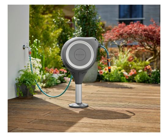 GARDENA patio hose box RollUp M, 20 meters, hose reel (grey/white, incl. cleaning syringe)