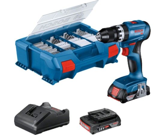 Bosch cordless combi drill driver GSB 18V-45 Professional, 18Volt (blue/black, 2x Li-ion battery 2.0Ah, 82-piece accessory set, in L-case)